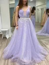 A-line V-neck Lace Tulle Sweep Train Prom Dresses With Sashes / Ribbons #Milly020114385