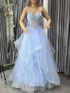 A-line V-neck Tulle Sweep Train Prom Dresses With Appliques Lace #Milly020114388