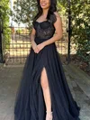 A-line Strapless Lace Tulle Floor-length Prom Dresses With Split Front #Milly020114394