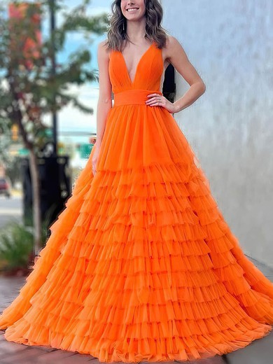 Ball Gown V-neck Tulle Sweep Train Prom Dresses With Tiered #Milly020114396