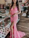 Sheath/Column V-neck Sequined Sweep Train Prom Dresses With Split Front #Milly020114397