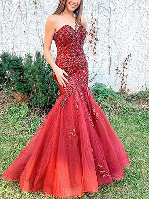 Trumpet/Mermaid Sweetheart Tulle Glitter Sweep Train Prom Dresses With Appliques Lace #Milly020114399