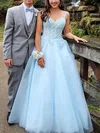 A-line V-neck Tulle Floor-length Prom Dresses With Appliques Lace #Milly020114401