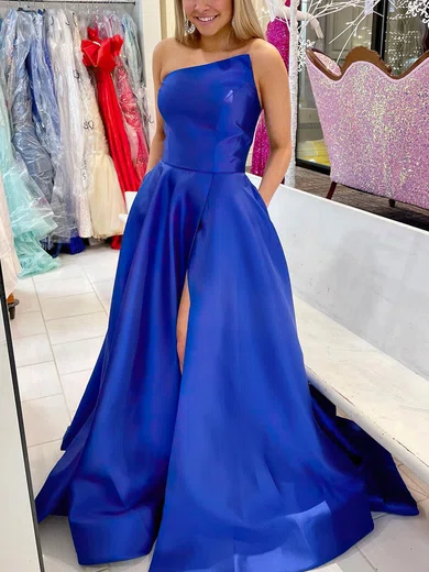 A-line Strapless Satin Sweep Train Prom Dresses With Pockets #Milly020114407