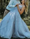 Ball Gown Scoop Neck Tulle Sweep Train Prom Dresses With Appliques Lace #Milly020114424