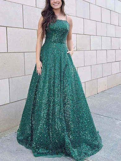 A-line Square Neckline Sequined Floor-length Prom Dresses With Pockets #Milly020114434