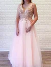A-line V-neck Tulle Floor-length Prom Dresses With Beading #Milly020114436