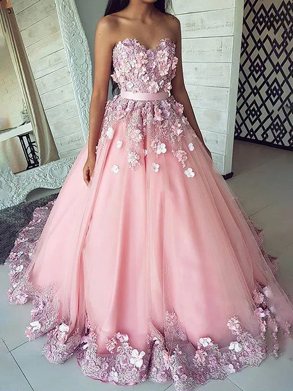 Ball Gown Sweetheart Tulle Sweep Train Prom Dresses With Flower(s) #Milly020114443