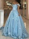 Ball Gown Off-the-shoulder Lace Tulle Sweep Train Prom Dresses With Appliques Lace #Milly020114444