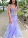 Trumpet/Mermaid V-neck Tulle Glitter Sweep Train Prom Dresses With Appliques Lace #Milly020114445