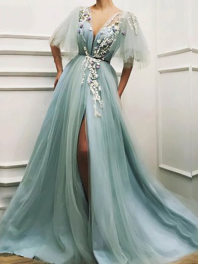 Ball Gown/Princess V-neck Tulle Sweep Train Prom Dresses With Split Front #Milly020114452
