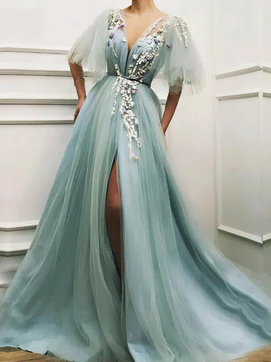 Ball Gown V-neck Tulle Prom Dresses With Appliques #Milly020114452