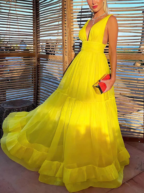 A-line V-neck Chiffon Floor-length Prom Dresses With Tiered #Milly020114458