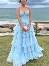 A-line V-neck Tulle Sweep Train Prom Dresses With Tiered #Milly020114462