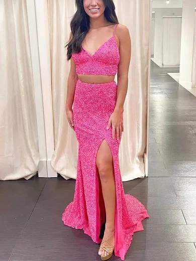 Sheath/Column V-neck Sequined Sweep Train Prom Dresses With Split Front #Milly020114472