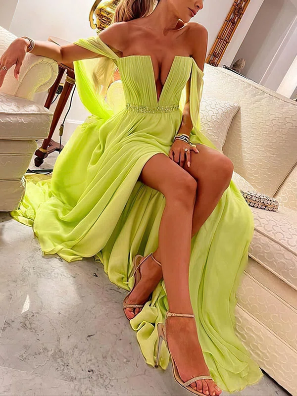 A-line Off-the-shoulder Chiffon Sweep Train Prom Dresses With Split Front #Milly020114473