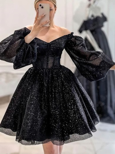 Black Glitter Off Shoulder Puff Sleeve Mini Dress #Milly020114481