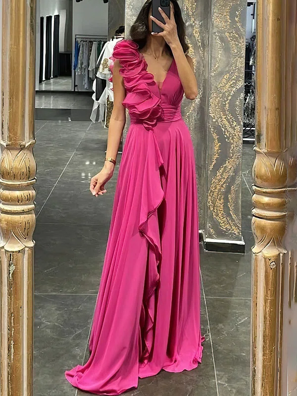 A-line V-neck Chiffon Floor-length Prom Dresses With Cascading Ruffles #Milly020114482