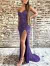 Sheath/Column V-neck Sequined Sweep Train Prom Dresses With Split Front #Milly020114486