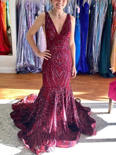 V Neck Trumpet Mermaid Purple Tulle Appliques Prom Dress