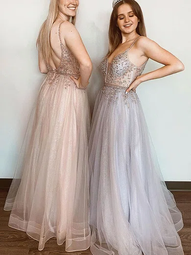 A-line V-neck Tulle Glitter Floor-length Prom Dresses With Appliques Lace #Milly020114494