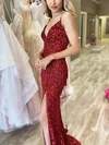 Sheath/Column V-neck Sequined Sweep Train Prom Dresses With Split Front #Milly020114497