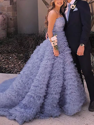 Ball Gown Strapless Tulle Sweep Train Prom Dresses With Tiered #Milly020114504