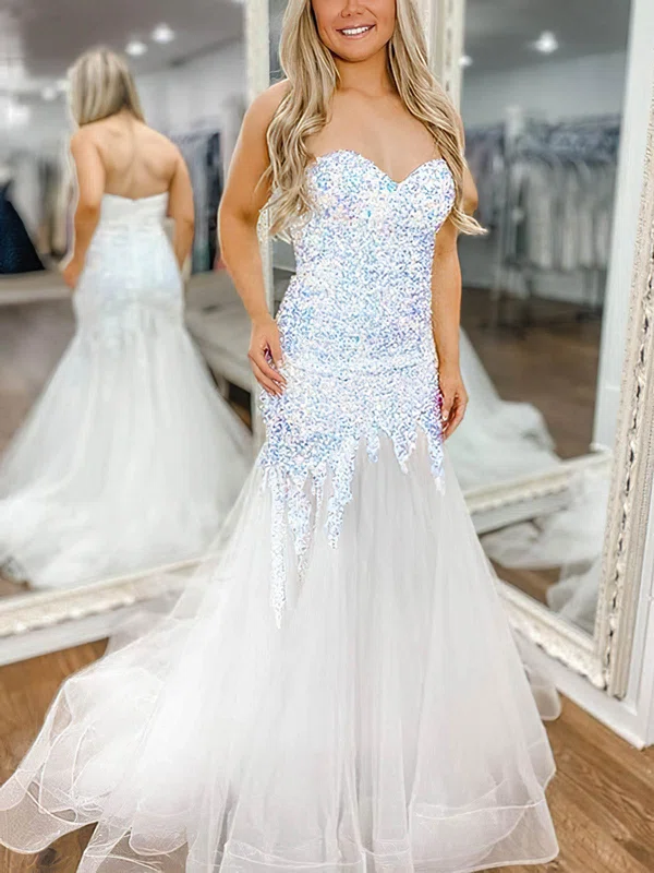 Trumpet/Mermaid Sweetheart Tulle Sequined Sweep Train Prom Dresses #Milly020114506