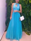 A-line Scoop Neck Lace Tulle Floor-length Prom Dresses With Appliques Lace #Milly020114515