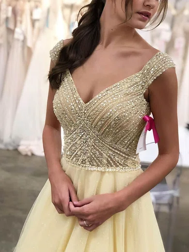 A-line Off-the-shoulder Tulle Glitter Sweep Train Prom Dresses With Beading #Milly020114521
