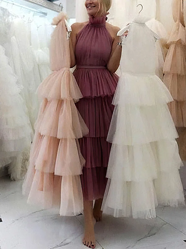 A-line High Neck Tulle Tea-length Prom Dresses With Sashes / Ribbons #Milly020114525