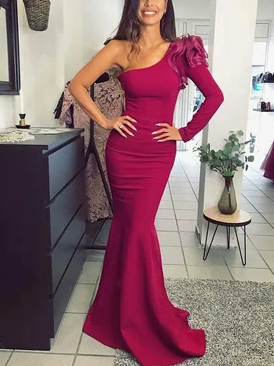 Trumpet/Mermaid One Shoulder Stretch Crepe Sweep Train Prom Dresses With Flower(s) #Milly020114532