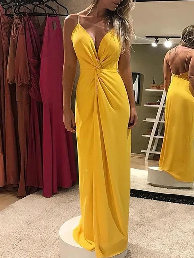 Sheath/Column Floor-length V-neck Chiffon Ruffles Prom Dresses #Milly020114535