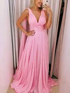 A-line V-neck Chiffon Sweep Train Prom Dresses With Sashes / Ribbons #Milly020114539