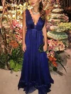 A-line V-neck Tulle Floor-length Prom Dresses With Sashes / Ribbons #Milly020114540