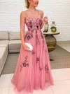 A-line V-neck Tulle Floor-length Prom Dresses With Appliques Lace #Milly020114542