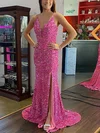 Sheath/Column V-neck Sequined Sweep Train Prom Dresses With Split Front #Milly020114543