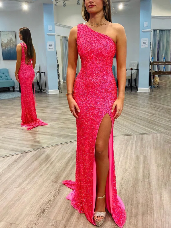 Sheath/Column One Shoulder Sequined Sweep Train Prom Dresses With Split Front #Milly020114554