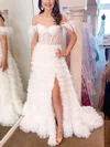 A-line Off-the-shoulder Lace Tulle Sweep Train Prom Dresses With Feathers / Fur #Milly020114558