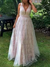 A-line V-neck Lace Tulle Floor-length Prom Dresses With Sashes / Ribbons #Milly020114561