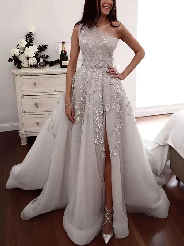 Ball Gown/Princess Sweep Train One Shoulder Tulle Appliques Lace Prom Dresses #Milly020114564