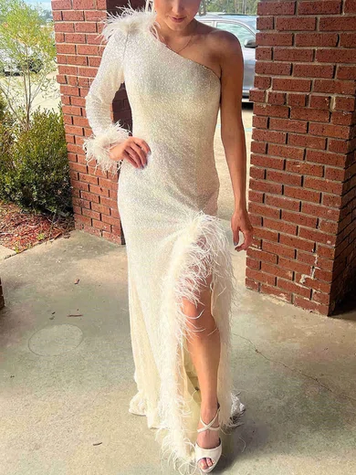 Sheath/Column One Shoulder Sequined Sweep Train Prom Dresses With Feathers / Fur #Milly020114565