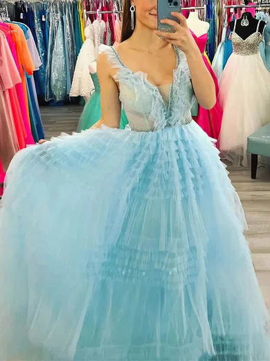 Ball Gown V-neck Tulle Sweep Train Prom Dresses With Tiered #Milly020114577