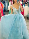 Ball Gown V-neck Tulle Sweep Train Prom Dresses With Tiered #Milly020114577
