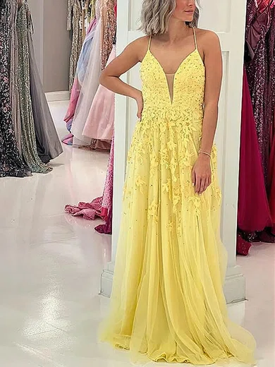 A-line V-neck Tulle Sweep Train Prom Dresses With Beading #Milly020114578