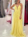 A-line V-neck Tulle Sweep Train Prom Dresses With Beading #Milly020114578