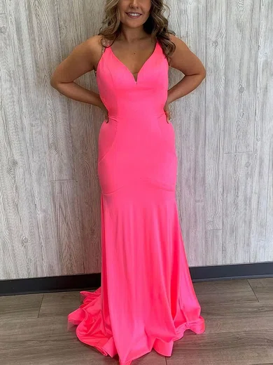 Sheath/Column V-neck Silk-like Satin Sweep Train Prom Dresses With Beading #Milly020114581
