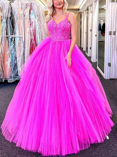 Ball Gown V-neck Tulle Floor-length Prom Dresses With Appliques Lace #Milly020114583