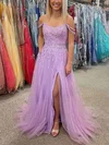 A-line Off-the-shoulder Tulle Glitter Sweep Train Prom Dresses With Appliques Lace #Milly020114587