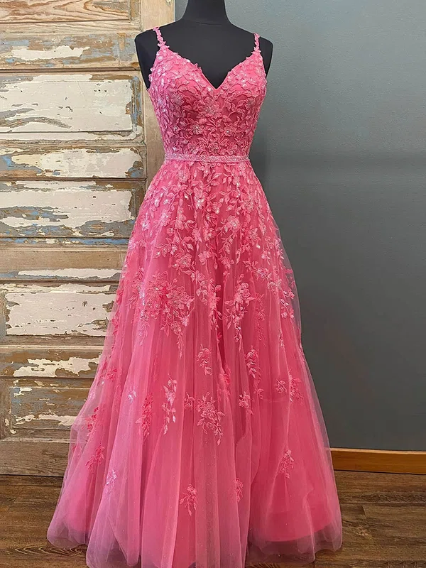 Ball Gown V-neck Floor-length Tulle Prom Dresses With Appliques #Milly020114596